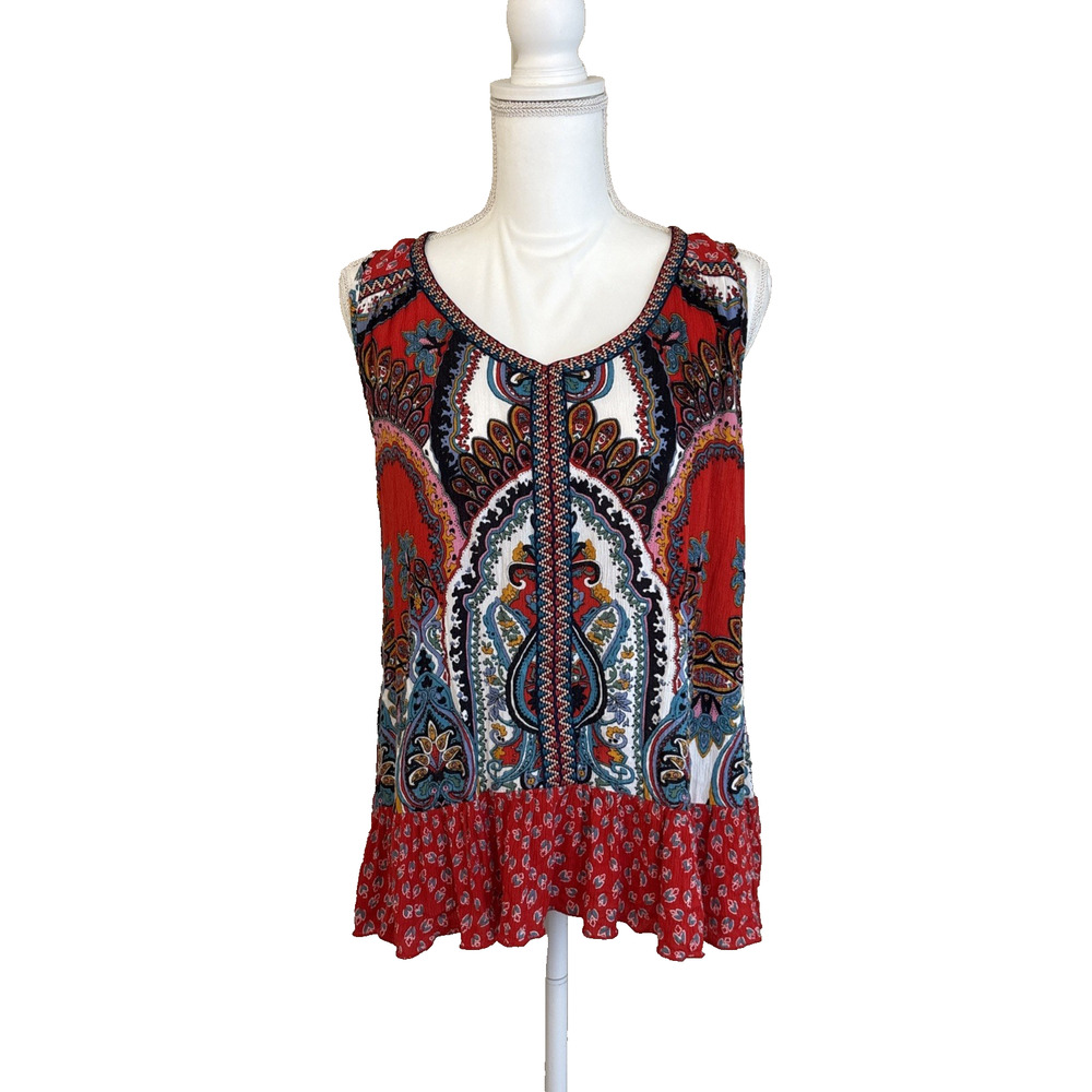 Bila Floral Paisley Boho Ruffled Rayon Sleeveless V-Neck Top, Size Large